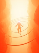 A figure wearing futuristic attire hovers in mid-air amidst a glowing, ethereal landscape. Circular energy waves radiate outward from the figure, surrounded by towering structures bathed in warm orange and yellow hues, suggesting a surreal and otherworldly environment.