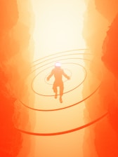 A figure wearing futuristic attire hovers in mid-air amidst a glowing, ethereal landscape. Circular energy waves radiate outward from the figure, surrounded by towering structures bathed in warm orange and yellow hues, suggesting a surreal and otherworldly environment.
