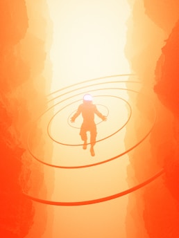 A figure wearing futuristic attire hovers in mid-air amidst a glowing, ethereal landscape. Circular energy waves radiate outward from the figure, surrounded by towering structures bathed in warm orange and yellow hues, suggesting a surreal and otherworldly environment.