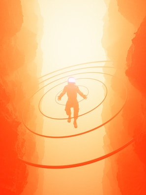 A figure wearing futuristic attire hovers in mid-air amidst a glowing, ethereal landscape. Circular energy waves radiate outward from the figure, surrounded by towering structures bathed in warm orange and yellow hues, suggesting a surreal and otherworldly environment.