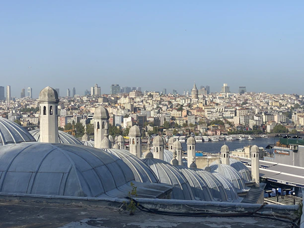a city skyline with a large dome