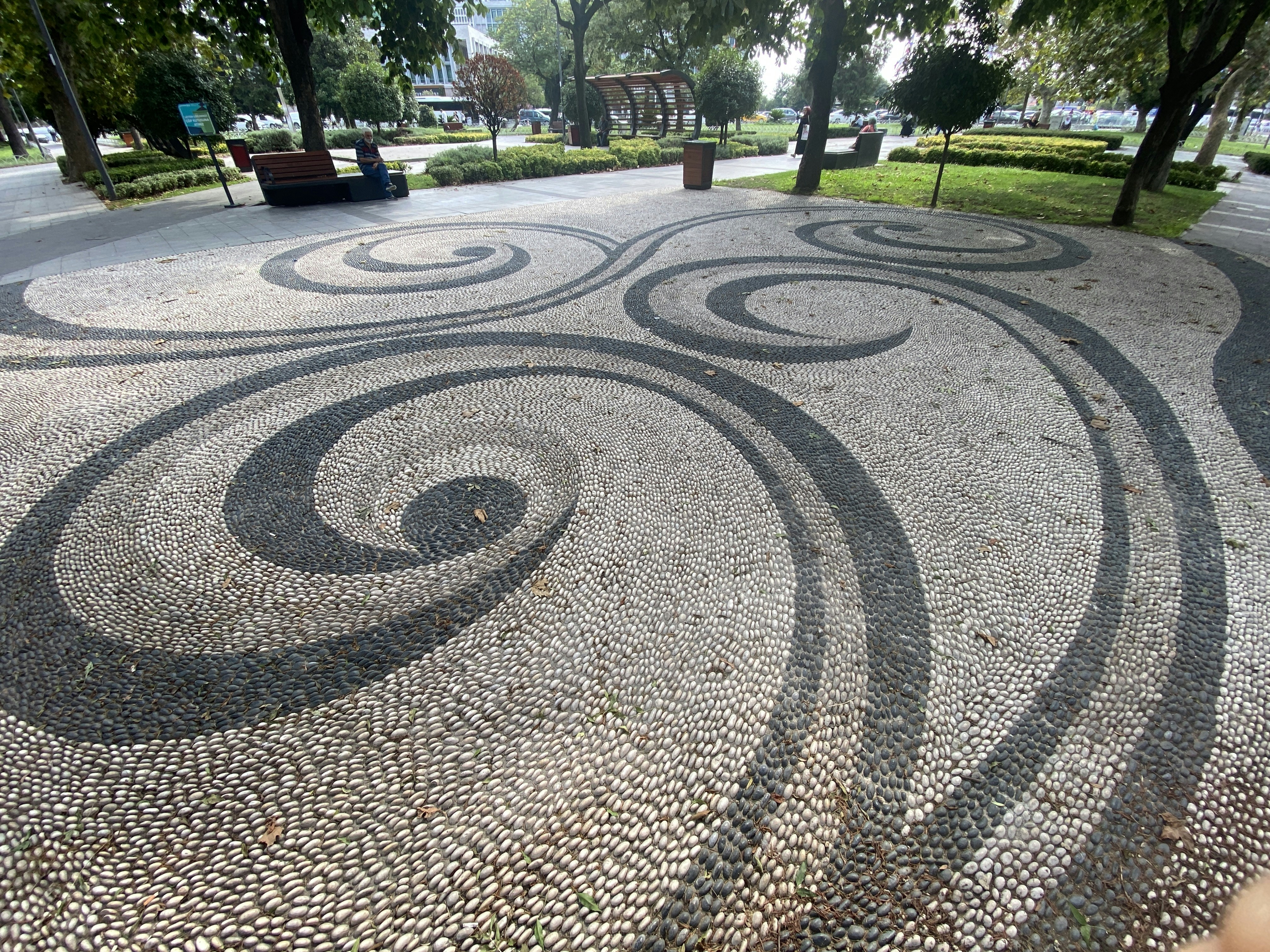 a paved area with trees and grass