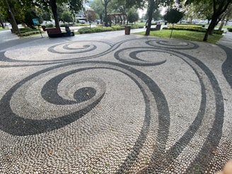 a paved area with trees and grass