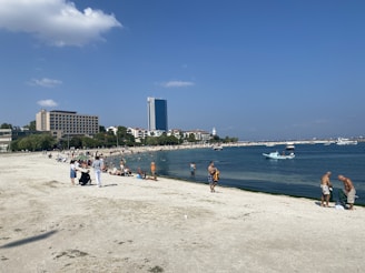 a group of people on a beach