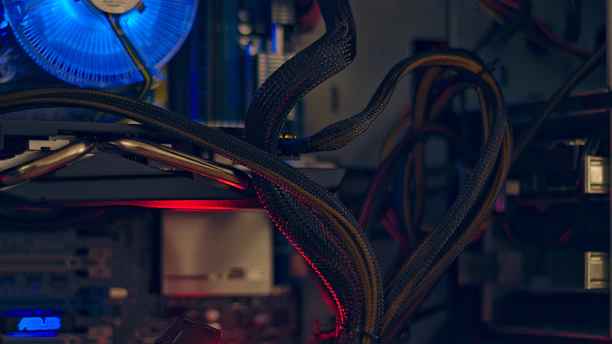 An interior view of a computer case featuring visible components such as a cooling fan with blue LED lighting, multiple cables organized and running throughout the setup, and what appears to be a graphics card. The lighting is predominantly dark, with highlights of red and blue, emphasizing the technological and sleek appearance of the hardware.
