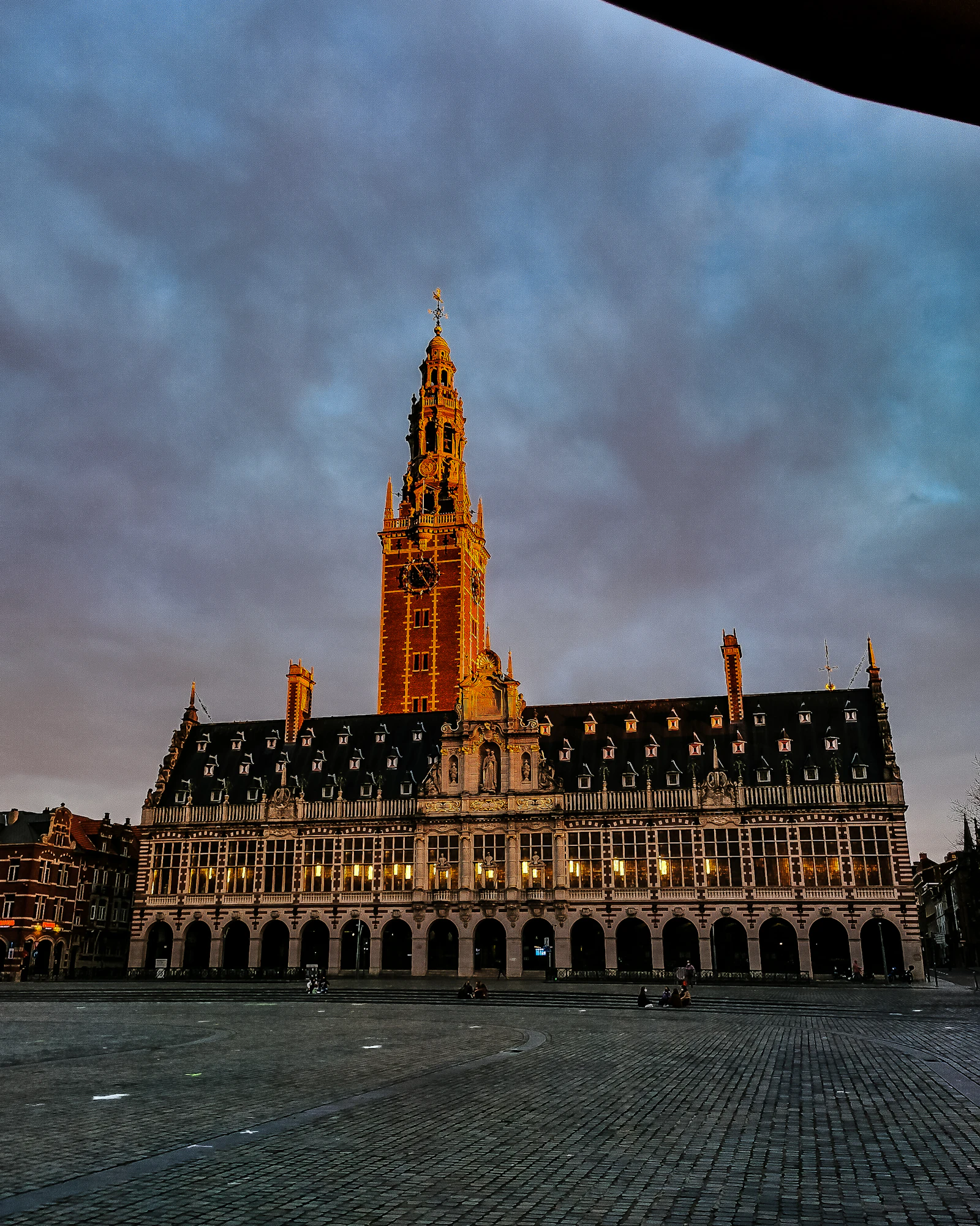 KU Leuven University Library tower at dusk, Leuven, Belgium