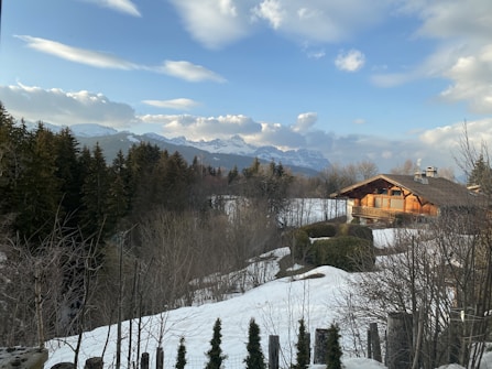 A picturesque winter landscape featuring a wooden cabin surrounded by snow and trees. The background reveals a range of dramatic, partly snow-covered mountains beneath a sky filled with scattered clouds. Evergreen trees and bare branches frame the scene, adding to the serene and tranquil atmosphere.