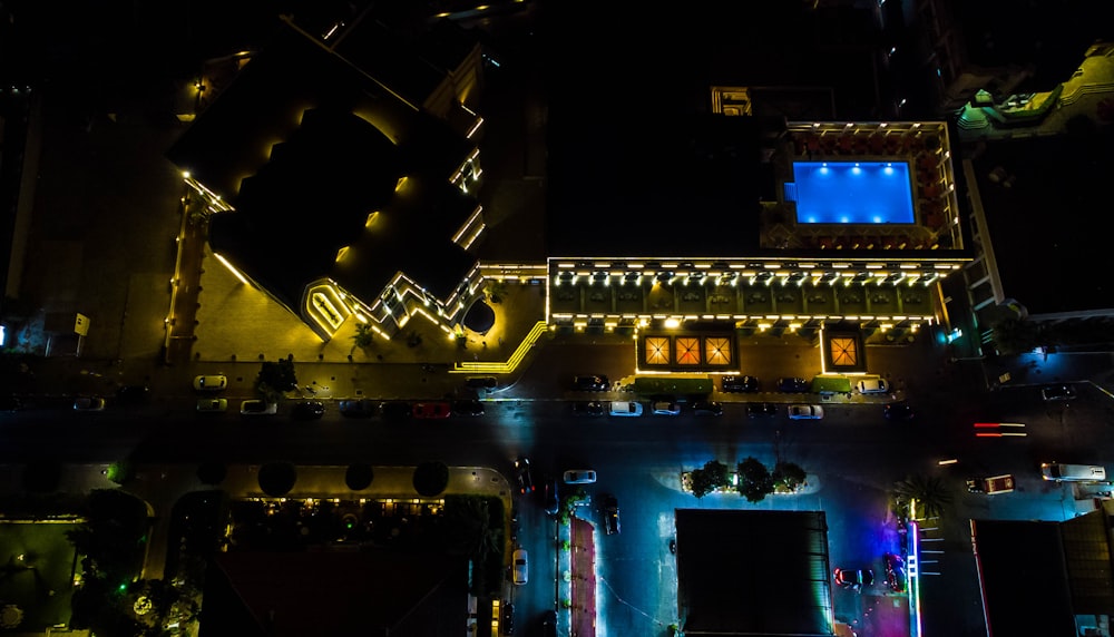 a building with a sign and lights