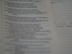 A close-up view of a printed page showcasing text from a book. The text seems to be a religious or inspirational passage. The image is focused on the words, with handwriting faintly visible on the right margin.