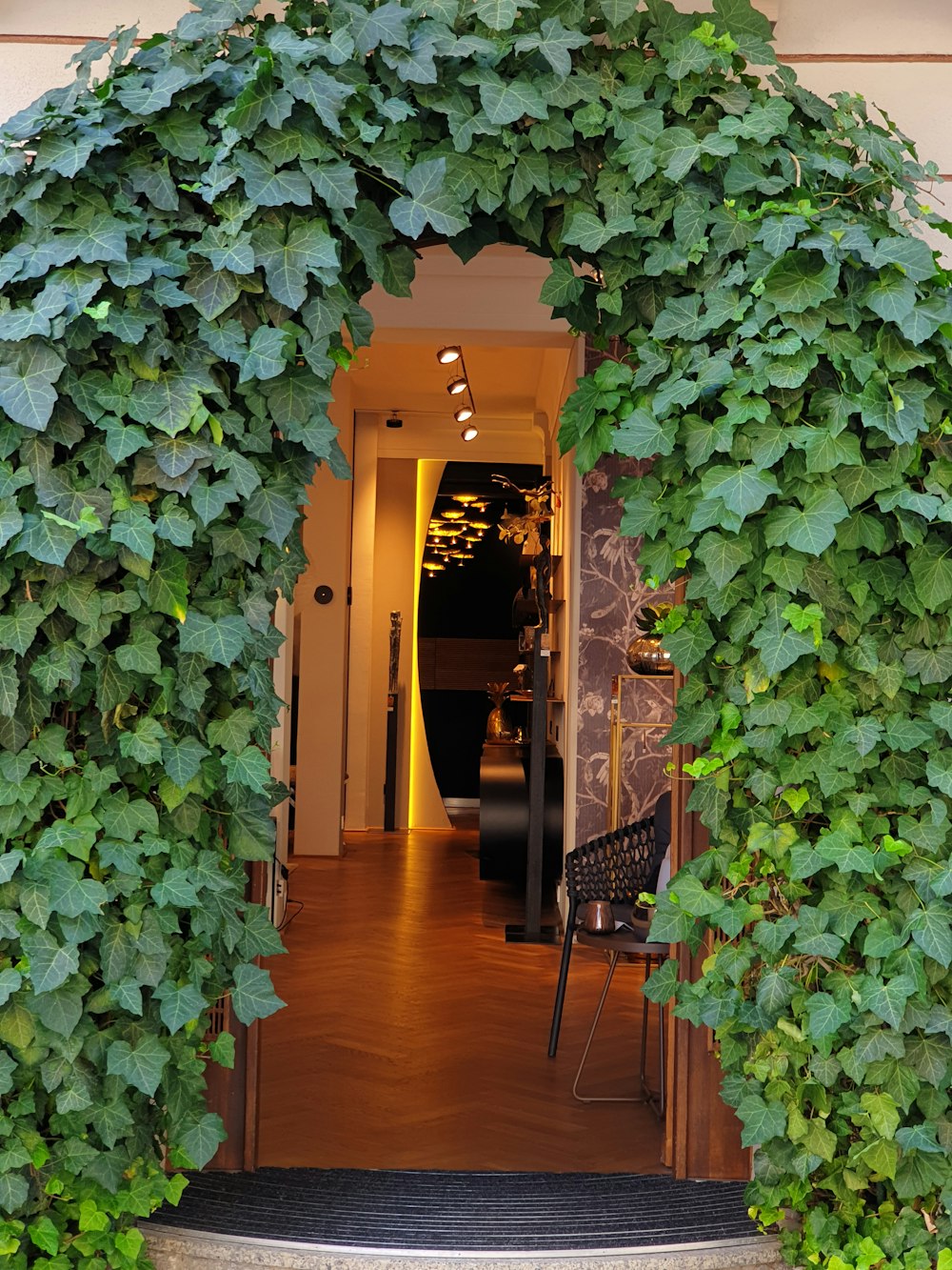a doorway with plants growing on it