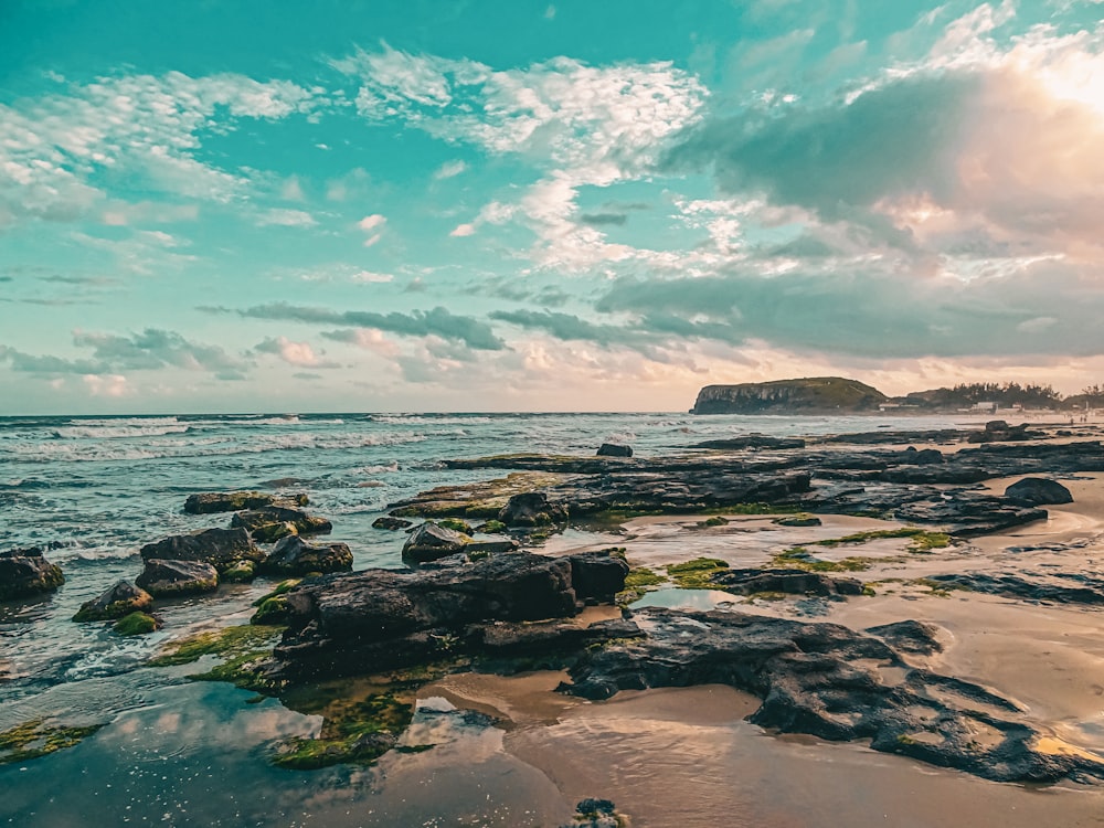 a rocky beach with a large body of water in the background