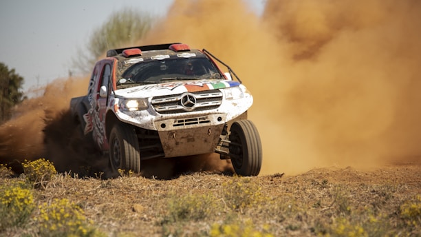 Rally cars racing through desert landscapes.