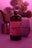 A bottle labeled 'Magic Mushroom Kombucha' is prominently featured, surrounded by a soft, pinkish-purple ambient light. In the background, there is a blurred image of a plant and a glass object, possibly a cup or a vase. The overall scene is moody and uses diffused lighting to create a calming atmosphere.