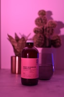 A bottle of Magic Mushroom Kombucha is centered on a surface, illuminated by pink and purple lighting. In the background, there is a glass partially filled with a beverage and two plants, including a cactus, creating a relaxed and modern ambiance.