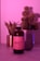 A bottle of Magic Mushroom Kombucha is centered on a surface, illuminated by pink and purple lighting. In the background, there is a glass partially filled with a beverage and two plants, including a cactus, creating a relaxed and modern ambiance.
