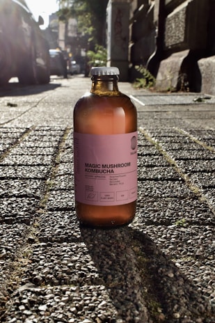 A brown glass bottle labeled 'Magic Mushroom Kombucha' is placed on a textured pavement in a city street. The background shows blurred parked cars and buildings with sunlight casting shadows on the ground.