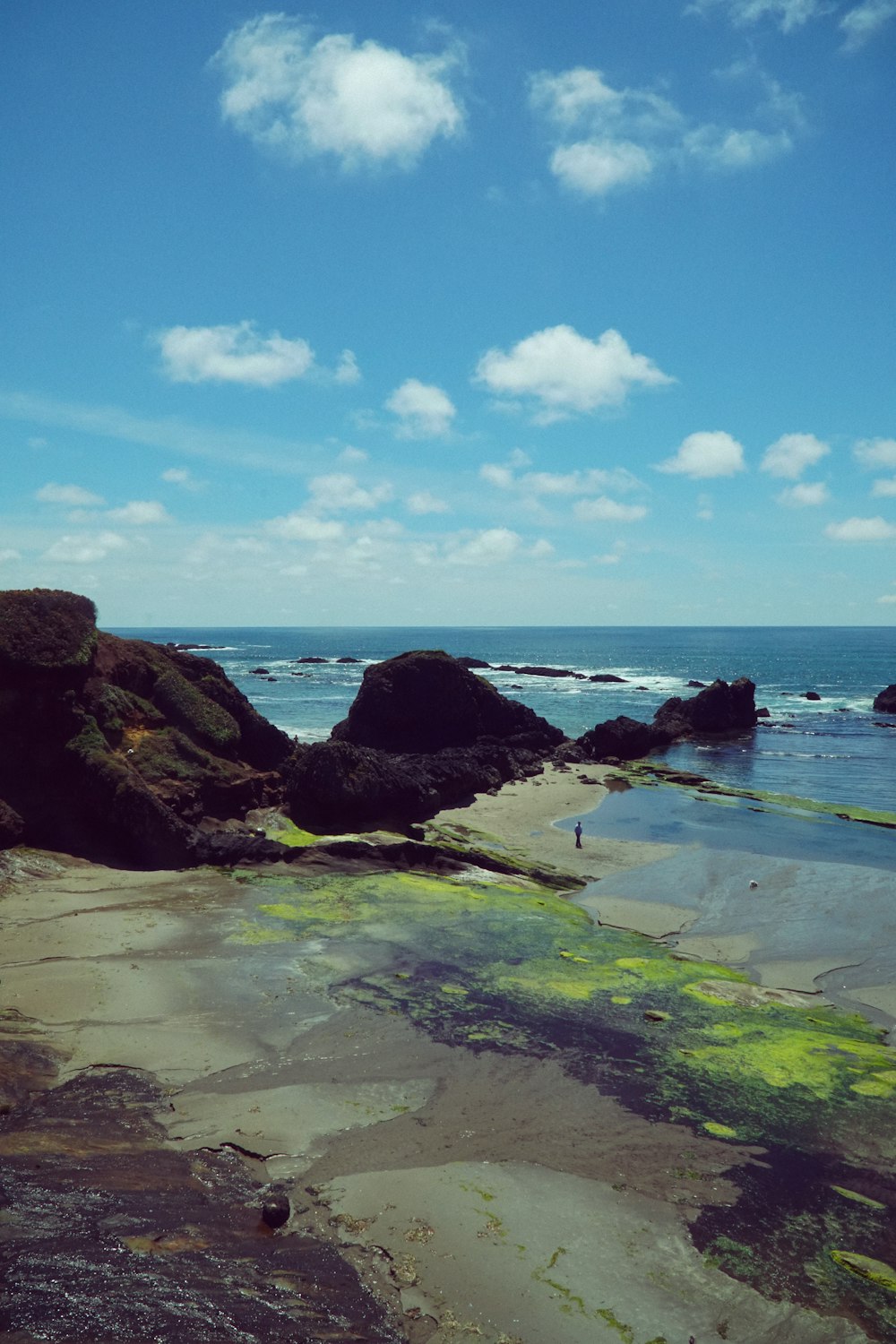 Una playa rocosa con un cuerpo de agua y cielo azul