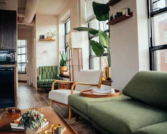 a living room with a green couch and a coffee table