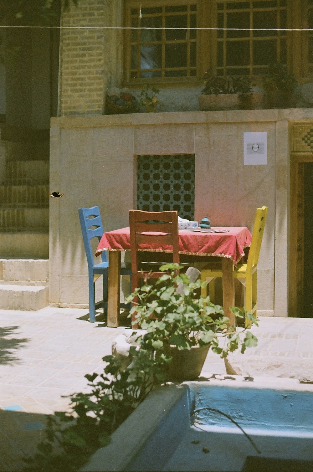 a table and chairs outside