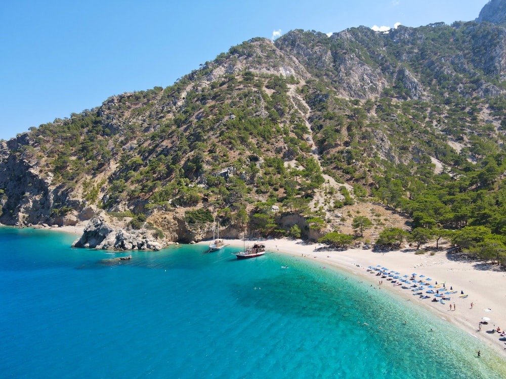 a beach with a hill in the background