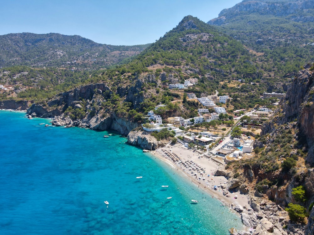 a beach with houses and trees