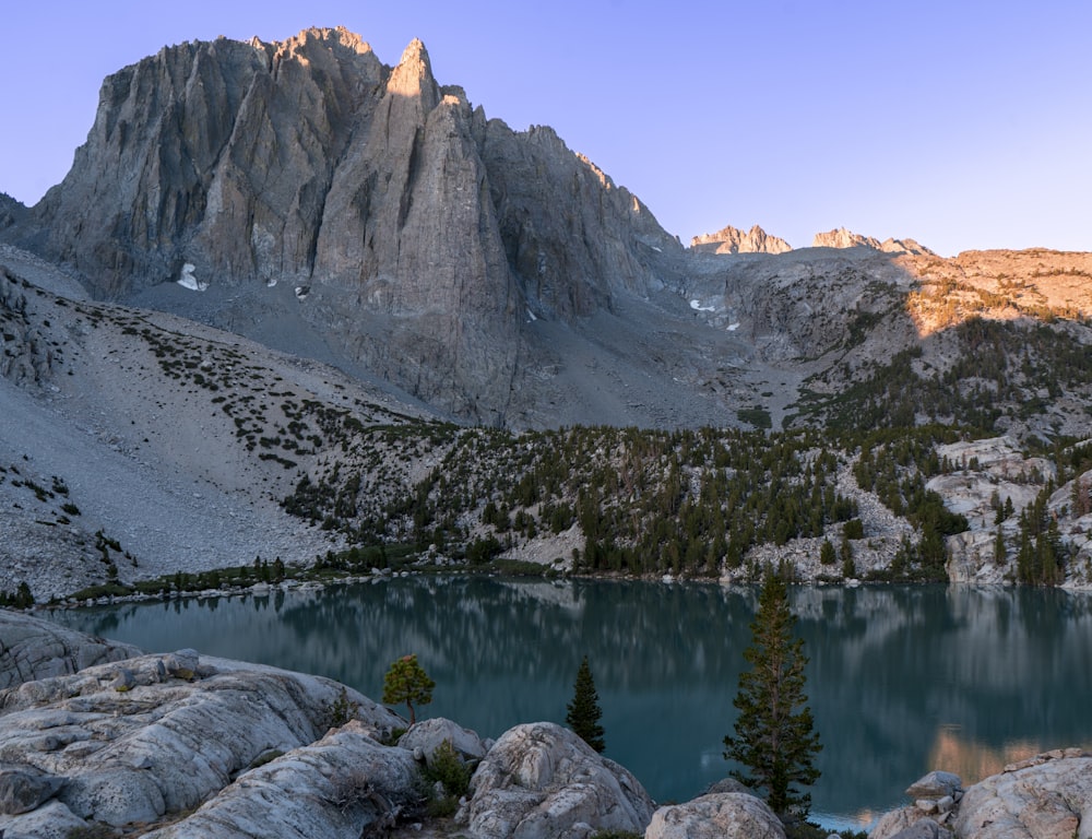 a lake with a mountain in the background