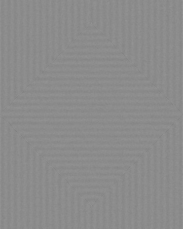 A geometric optical illusion features concentric diamond shapes formed by parallel black and white lines. The intricate pattern gradually becomes denser towards the center, creating a three-dimensional effect.