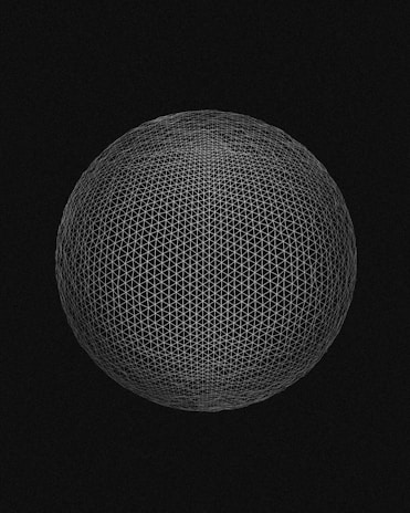 A geometric sphere composed of intersecting thin white lines forms a mesh pattern against a black background. The lines create a symmetrical, grid-like structure with a sense of depth and dimensionality.