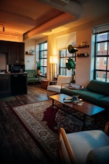 a living room with a rug