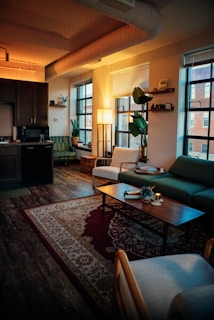 a living room with a rug