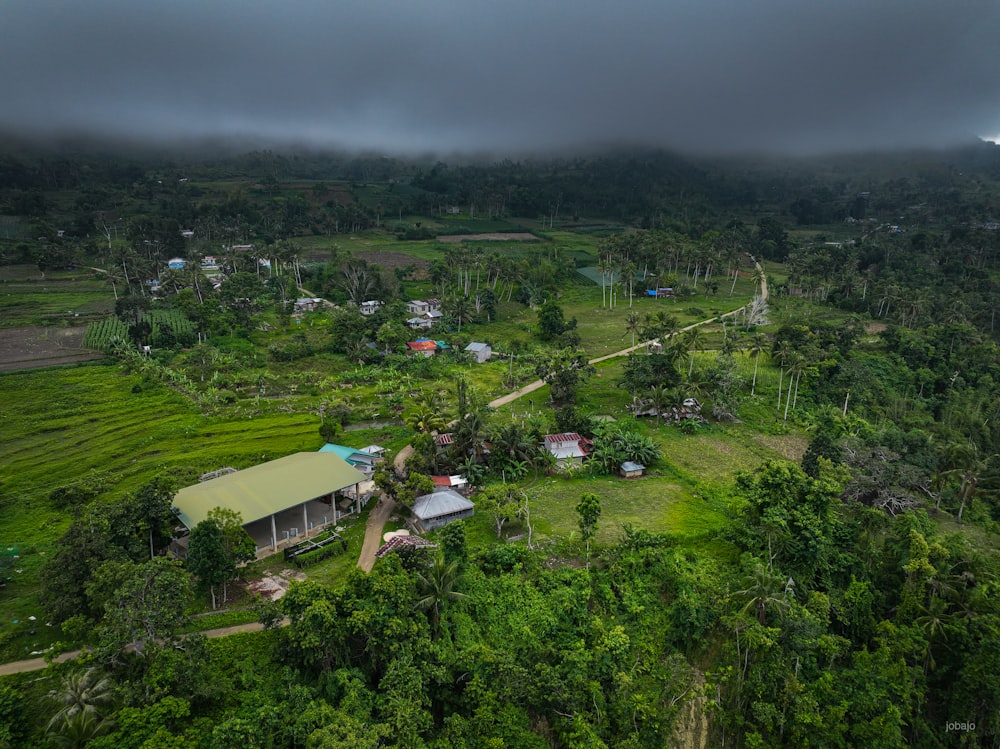 a large green landscape with buildings and trees