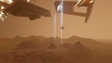 A surreal desert landscape with large pyramids and futuristic structures hovering in the sky. Beams of light emanate from the floating structures, adding a sense of mystery. The scene is enveloped in a reddish-brown hue, enhancing the otherworldly atmosphere.
