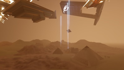 A surreal desert landscape with large pyramids and futuristic structures hovering in the sky. Beams of light emanate from the floating structures, adding a sense of mystery. The scene is enveloped in a reddish-brown hue, enhancing the otherworldly atmosphere.