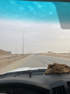 A sleek car dashboard featuring a Raysky dashcam capturing the road ahead on a sunny day.