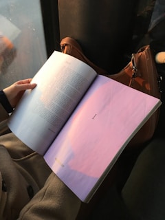 A hand is holding an open book on someone's lap inside a vehicle. The book displays a page of text on the left and a page with a large, centered Roman numeral 'I' on a pink background on the right. A brown leather handbag is partially visible next to the book, with sunlight streaming through a window casting warm hues over the scene.