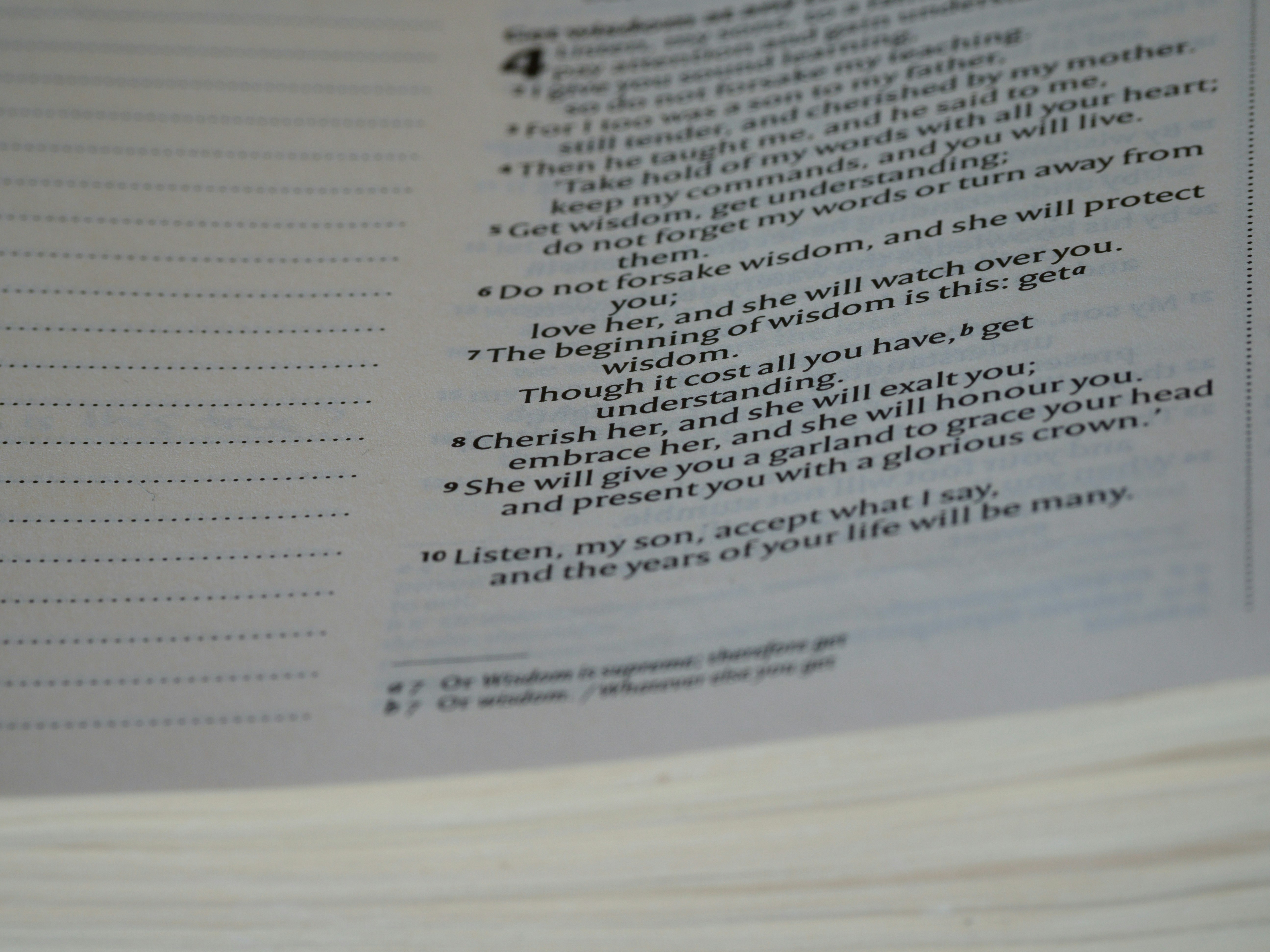 close up, bokeh, macro, blur, blurred background, close focus, bible, old testament, hebrew bible, christian, judaism, history, text, reading, bible study, devotions, text, NIV, New International Version, type, typography, canon, christianity, holy scripture, holy bible, scripture, old testament, hebrew bible, מִשְלֵי, book of proverbs, proverbs of solomon, wisdom literature, ketuvim, anthology, solomon, wisdom, sayings, mashai, folly, values, morality, proverbs, proverb, life skills, ancient wisdom, hebrew wisdom, <br />