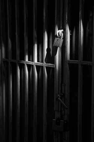 a black and white photo of a door with a lock and a key