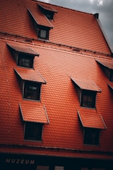 A red-tiled roof with multiple windows and dormers, featuring a traditional architectural style. The tiles are arranged in an orderly fashion, complementing the structure underneath.