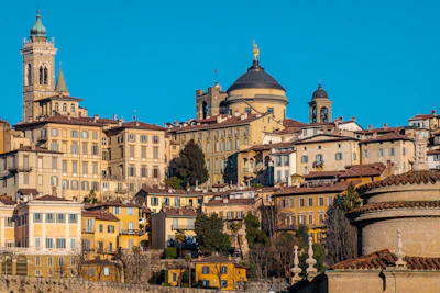The domes and towers of Bergamo’s Città Alta, seen from the lower town
