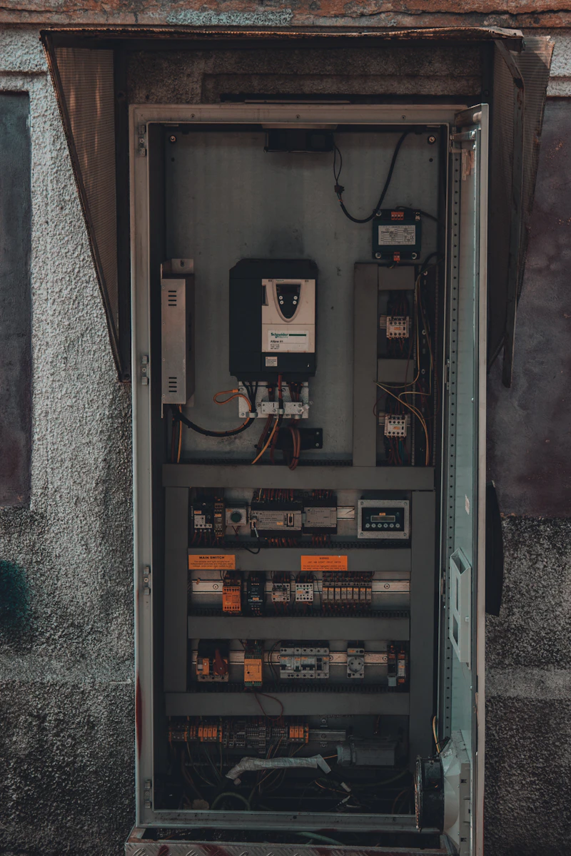 An outdoor electrical service panel and meter with breakers and wiring