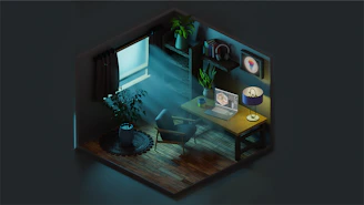A cozy, dimly lit room with an open book and headphones resting on a wooden table.