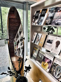 A modern interior featuring a bookshelf filled with various books and magazines, a large oval mirror reflecting part of the shelf and brick wall, and a potted plant in the foreground. The background shows a view of the exterior greenery through large windows.