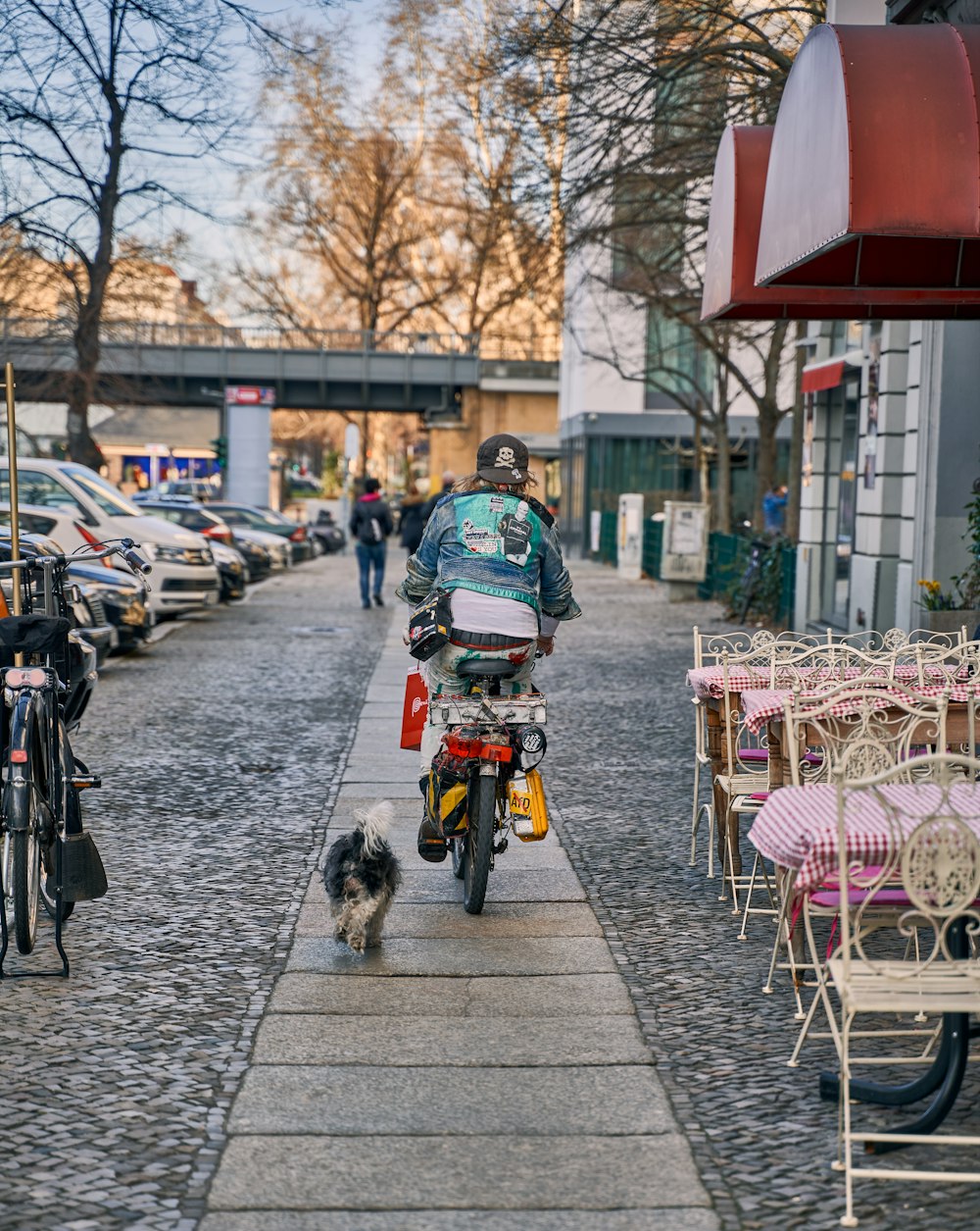 a person riding a bicycle with a dog on a leash