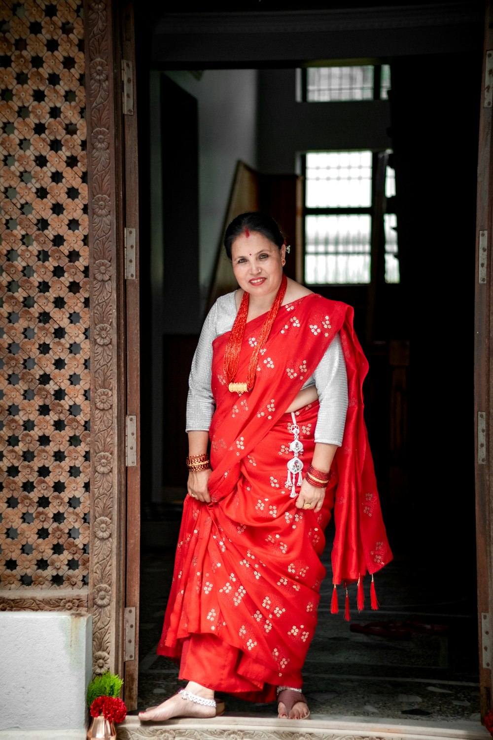 a person in a red dress