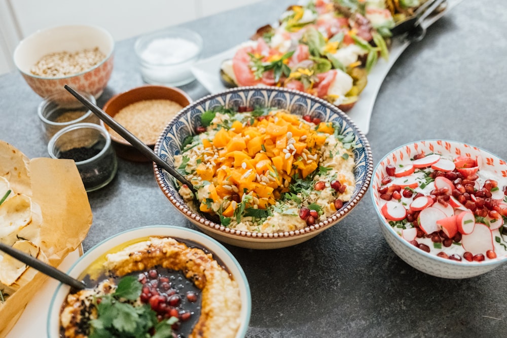 a table is filled with food