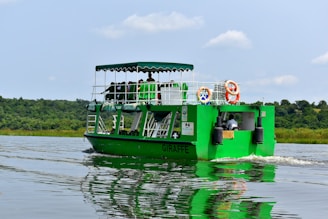 A green sightseeing boat named 'Giraffe' is navigating on a tranquil river. The boat is filled with people under an awning, and several life rings are visible on the sides. It's moving away from a lush, tree-lined shore under a clear blue sky with a few scattered clouds.