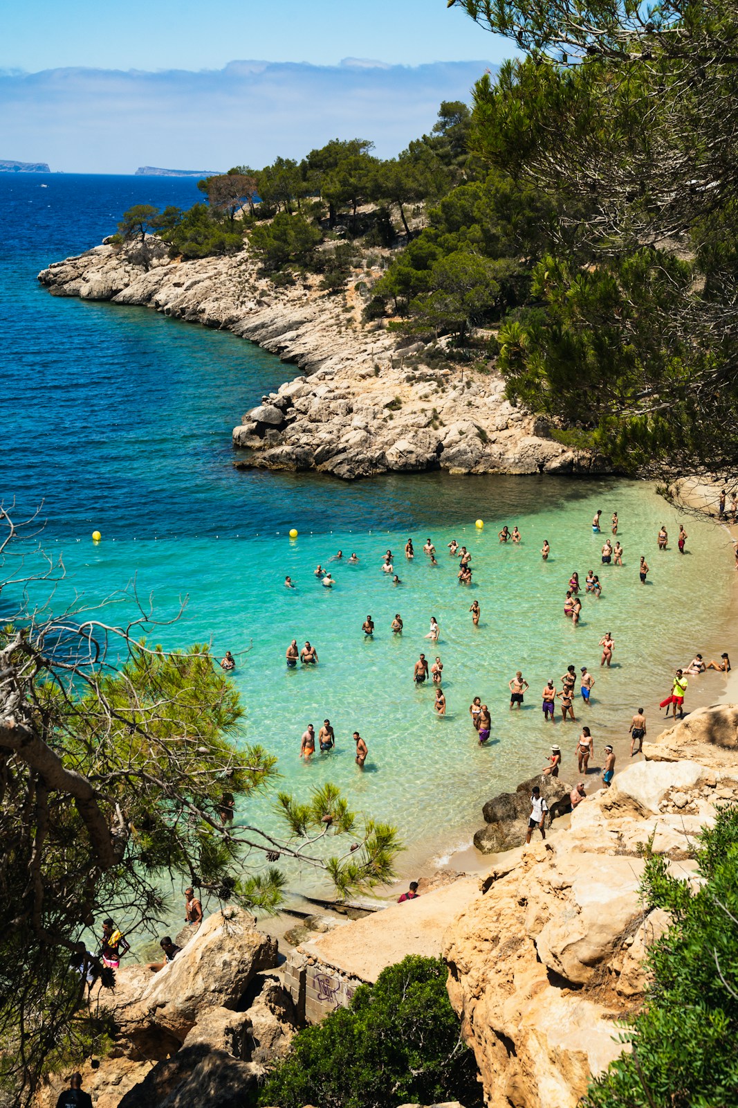 A turquoise bay ringed by pines and limestone
