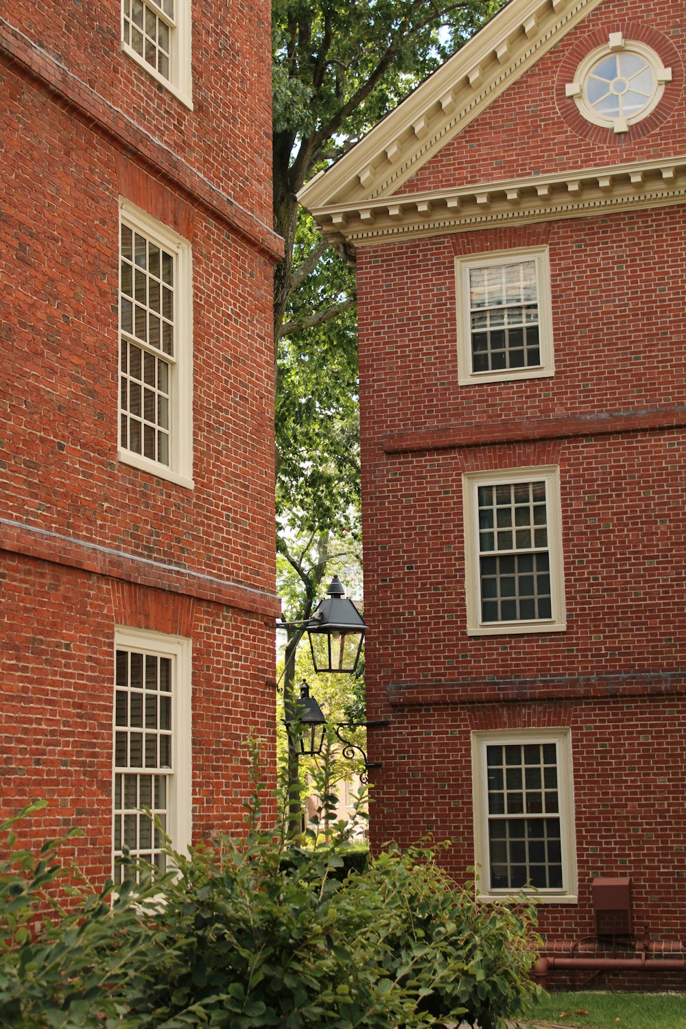 a brick building with a clock