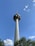 A tall telecommunications tower rises against a clear blue sky with a few white clouds. The base is surrounded by green trees, and the tower is capped with antennas and satellite dishes.