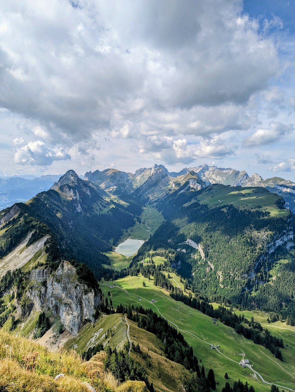 a valley with mountains and trees